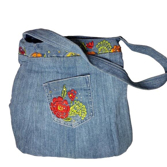 Unbranded Bohemian Jean Bag Floral Embroidery Large - Picture 3 of 8